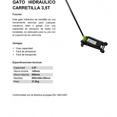 Gato hidráulico de ruedas JBM de 3,5 toneladas (3500 kg) para trabajo pesado | Altura 133-495 mm | Ref. 50818