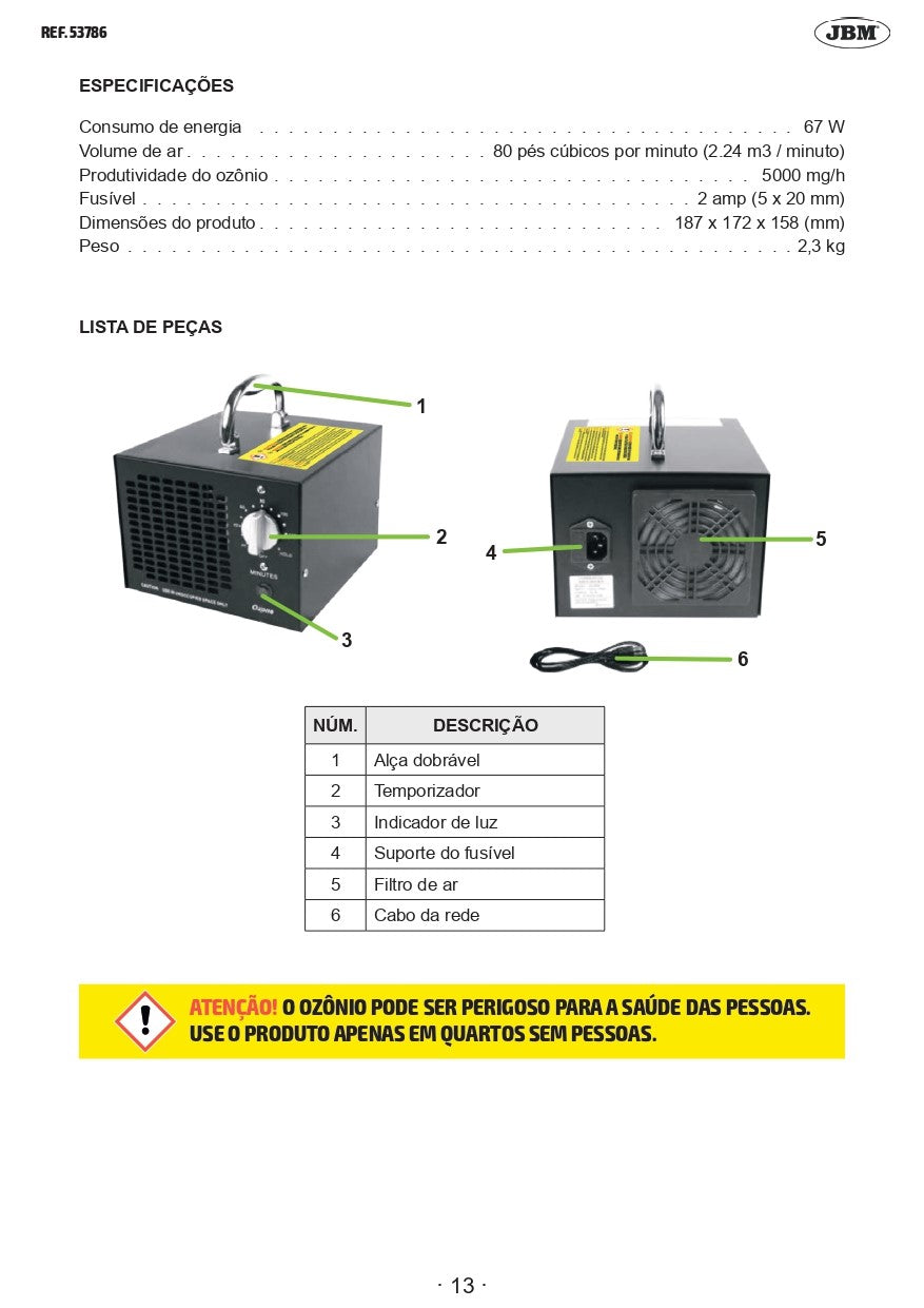 GERADOR DE OZONO PORTÁTIL 5000 MG/H (220V) 53786