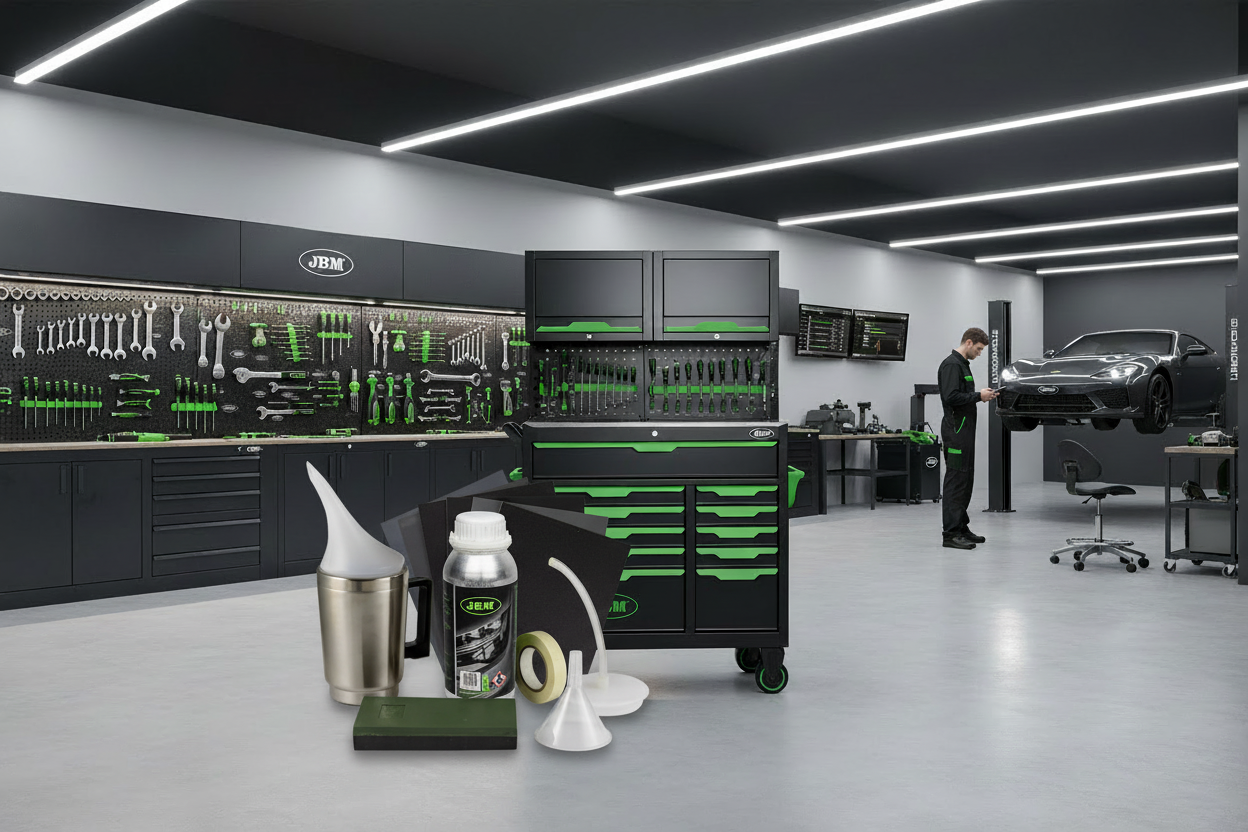Oficina JBM com kit de faróis em destaque no chão