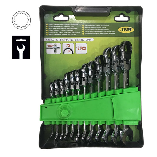 JOGO DE 12 CHAVES ARTICULADAS DE BOCA-LUNETA COM ROQUETE JBM 51318