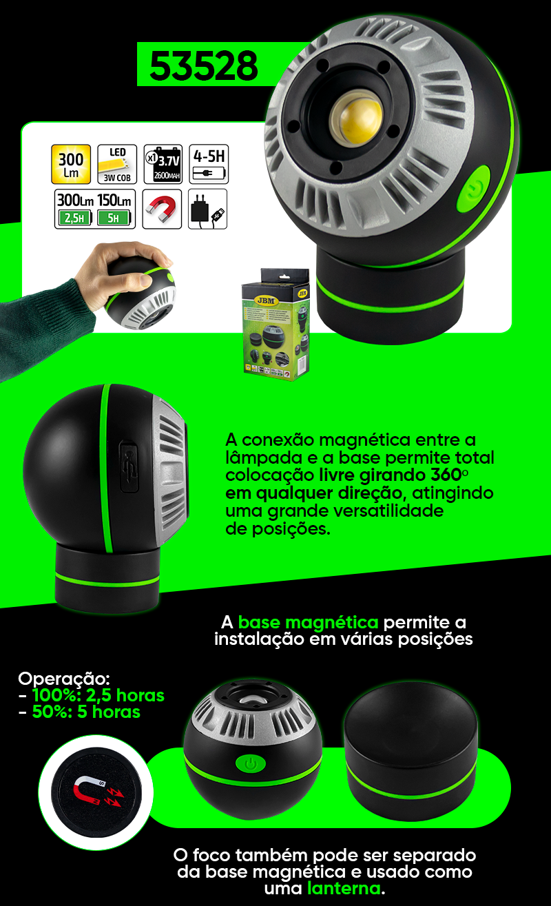 LANTERNA DE TRABALHO ESFÉRICA IMANTADA JBM 53528