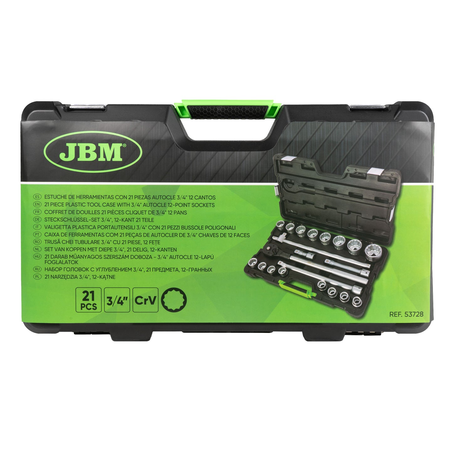 CAIXA DE FERRAMENTAS COM 21 CHAVES GIGANTES DE 3/4" DE 12 FACES JBM 53728