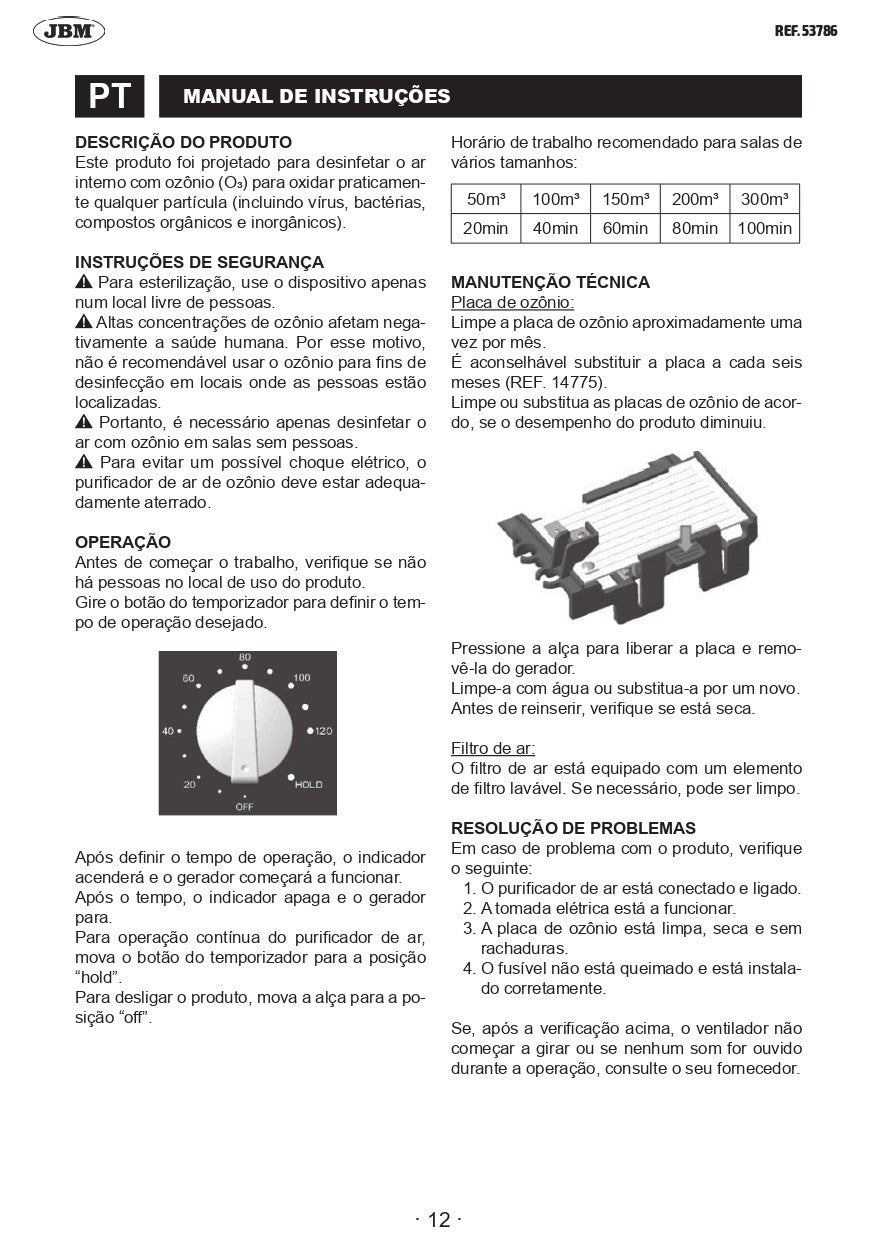 GERADOR DE OZONO PORTÁTIL 5000 MG/H (220V) 53786