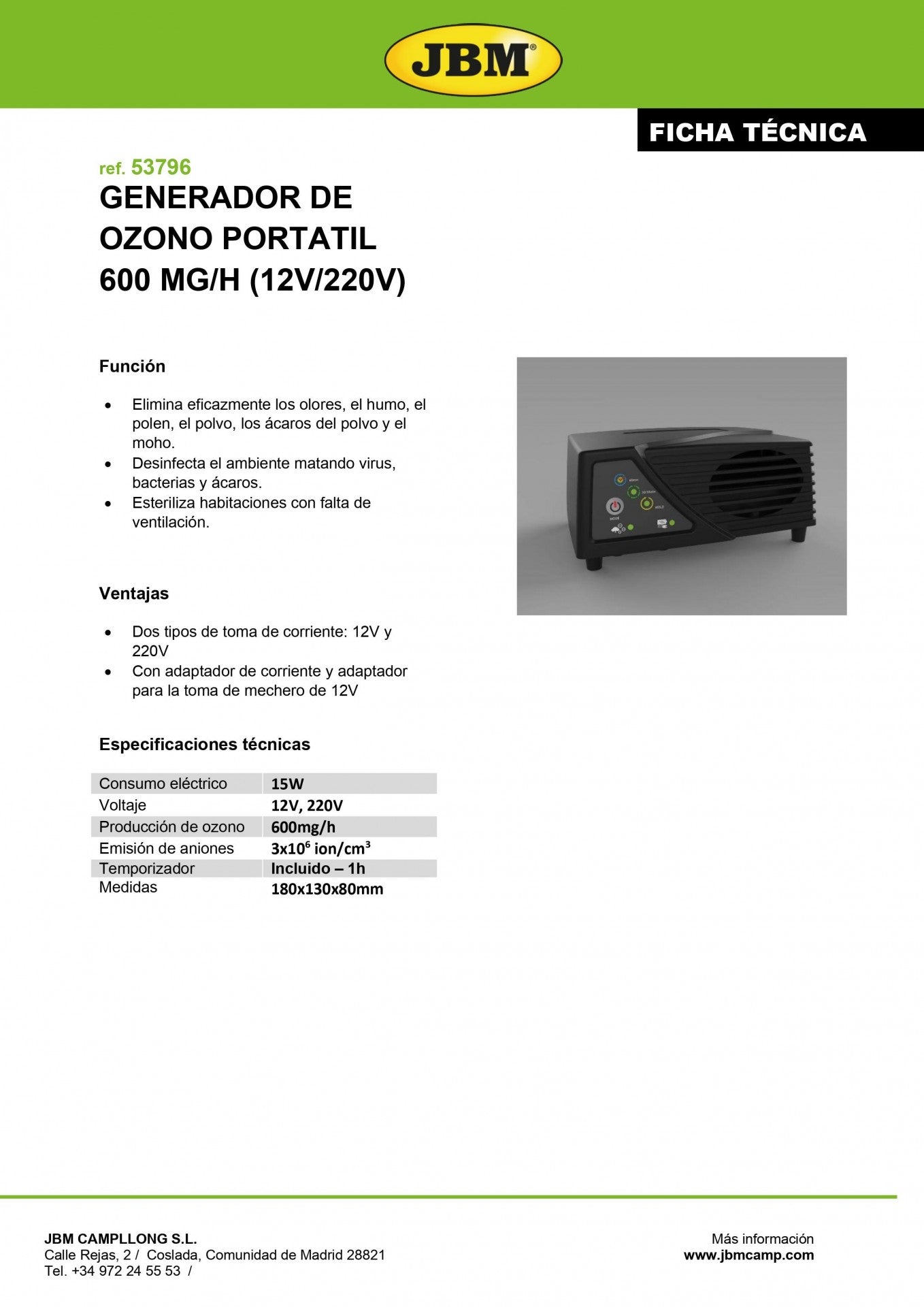 Gerador de ozono portátil 600 MG/H | JBM 53796