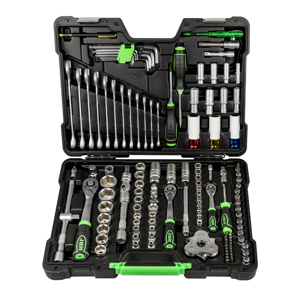 MALA DE FERRAMENTAS DE 132 PEÇAS COM SOQUETES HEXAGONAIS DE 1/2", 1/4" E 3/8" ZINCADO (JBM 54082)