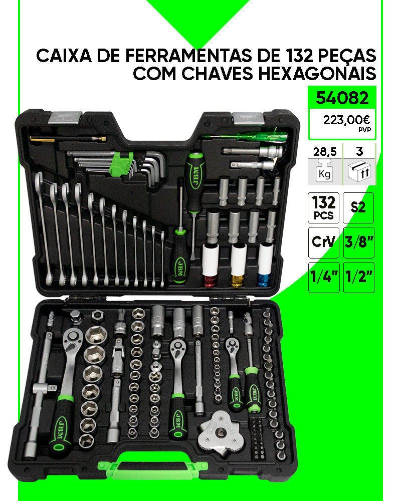 MALA DE FERRAMENTAS DE 132 PEÇAS COM SOQUETES HEXAGONAIS DE 1/2", 1/4" E 3/8" ZINCADO (JBM 54082)