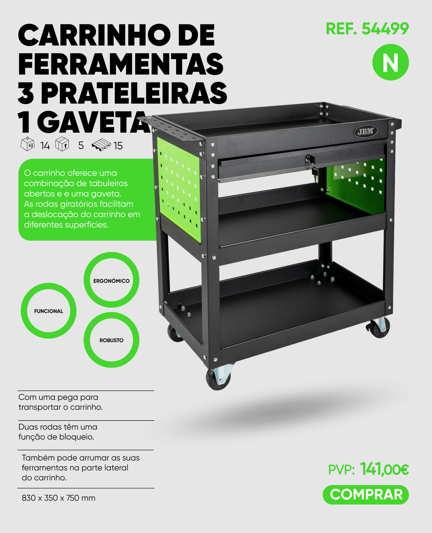 🛒 CARRINHO DE SERVIÇO COM GAVETA E 3 PRATELEIRAS | JBM 54499