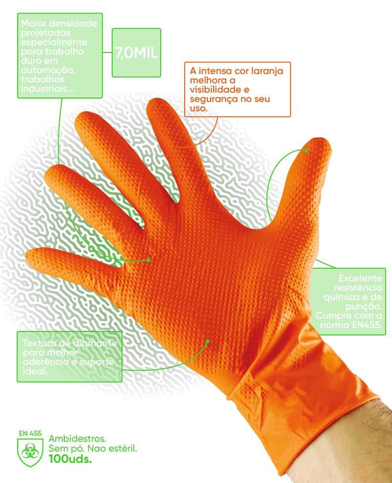 LUVAS DE NITRILO PROFISSIONAIS LARANJA 7.0 MIL - 100 UNIDADES | M | JBM 53551