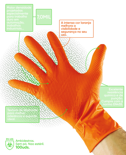 LUVAS DE NITRILO PROFISSIONAIS LARANJA 7.0 MIL - 100 UNIDADES | M | JBM 53551